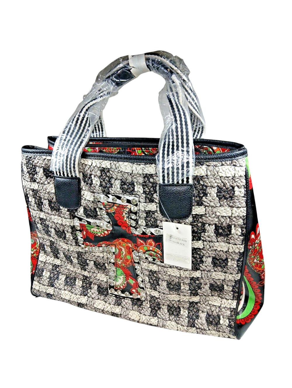 Large Handbag Paisley Print Rhinestone Cross Red Black Colorful Womens Purse
